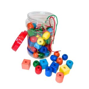 Wooden Sorting Beads and Coloured Laces Jar